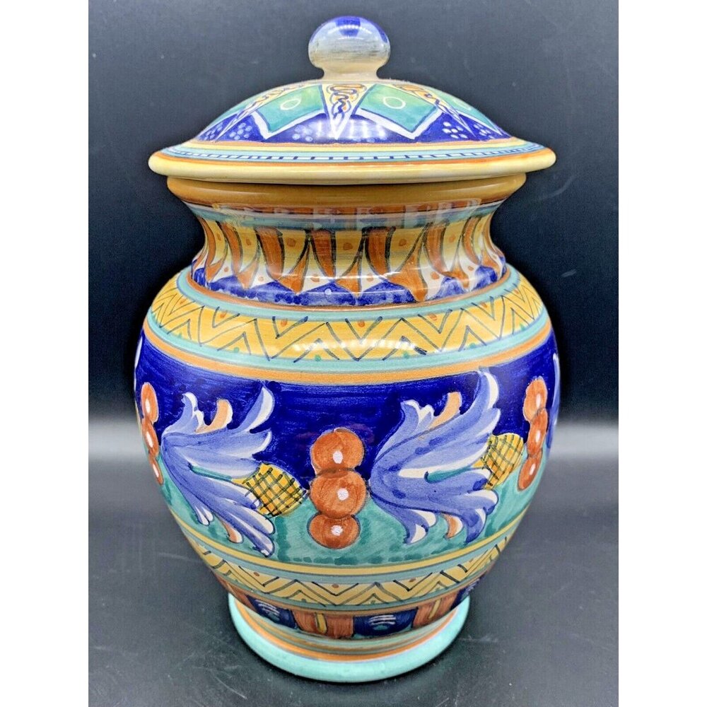 Neiman Marcus Italian Pottery Lidded Jar Canister 8" Hand-Painted ART w Sticker